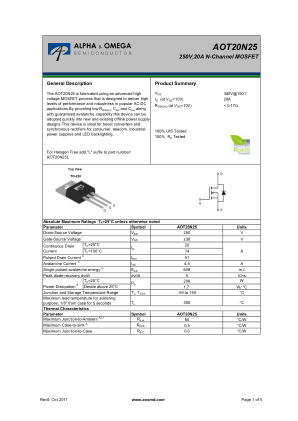 AOT20N25 datasheet cover page