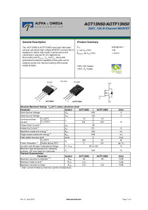 AOTF13N50 datasheet cover page