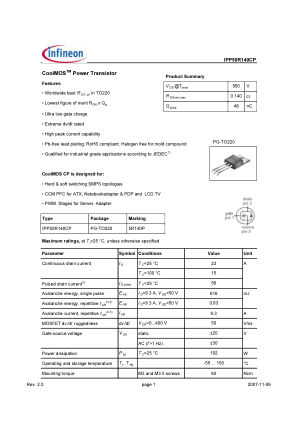 IPP50R140CP datasheet cover page