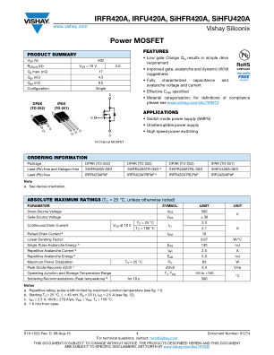 SIHFR420 datasheet cover page