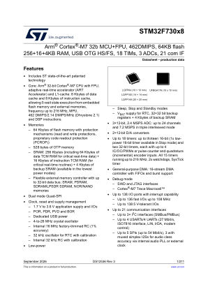 STM32F730I8 数据手册首页