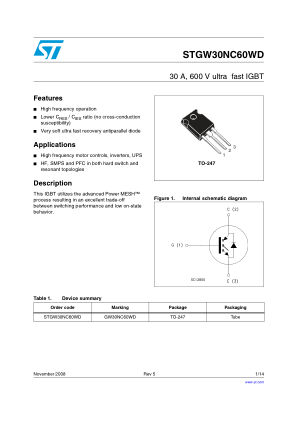 STGW30NC60WD 数据手册首页