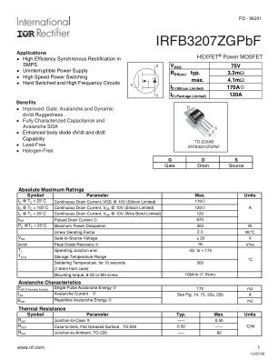 IRFB3207ZG datasheet cover page