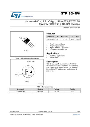 STP180N4F6 数据手册首页