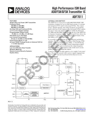 ADF7011 数据手册首页