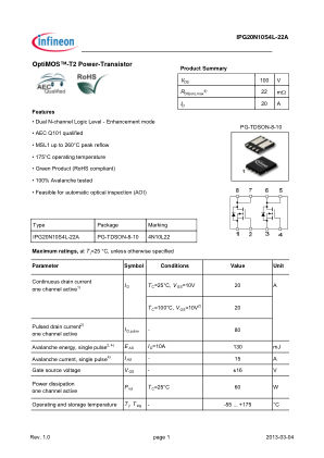 IPG20N10S4L-22A datasheet cover page
