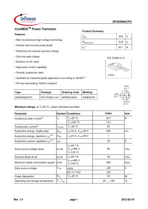 SPA20N60CFD 数据手册首页
