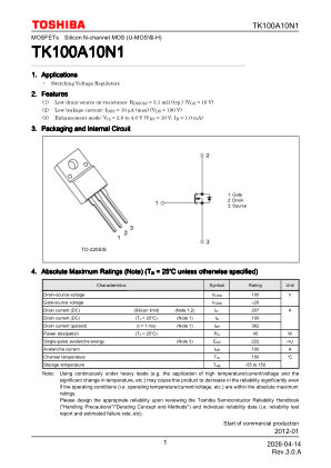 TK100A10N1 数据手册首页