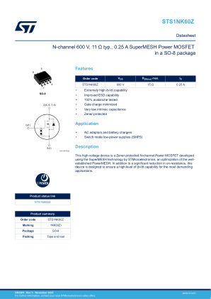 STS1NK60Z datasheet cover page