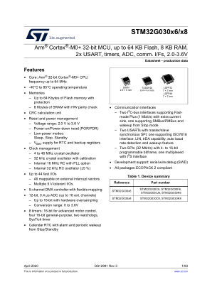 STM32G030x6-x8 数据手册首页