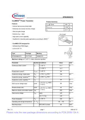 SPW24N60CFD 数据手册首页