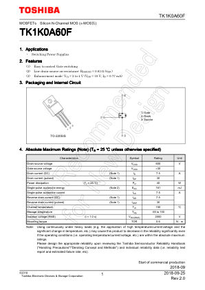 TK1K0A60F datasheet cover page