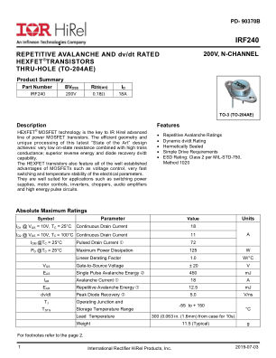 IRF240 datasheet cover page