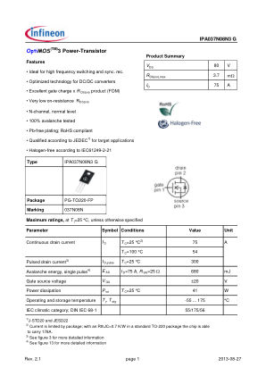 IPA037N08N3-G datasheet cover page