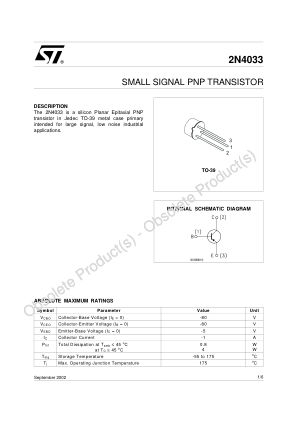 2N4033 datasheet cover page