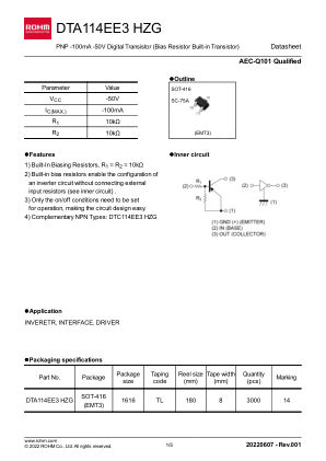 DTA114EE3HZGTL 数据手册首页