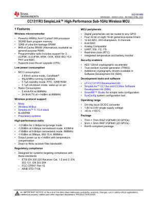 CC1311R3 datasheet cover page