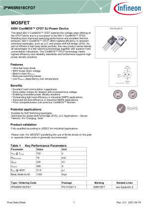 IPW65R018CFD7 datasheet cover page