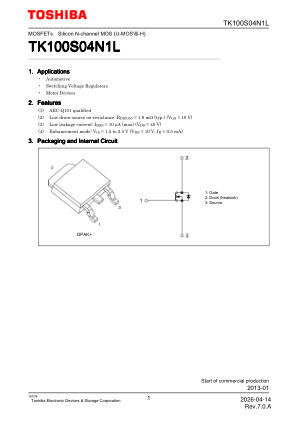 TK100S04N1L 数据手册首页