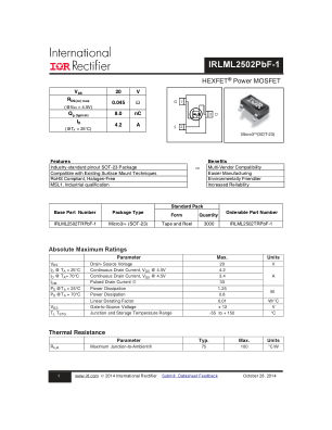 IRLML2502TRPBF-1 数据手册首页
