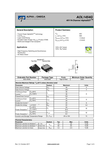 AOL1454G datasheet cover page
