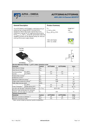 AOTF20N40 datasheet cover page