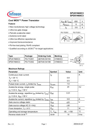 SPD-U01N60C3 数据手册首页