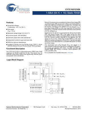 CY7C1021CV26-15ZSXET datasheet cover page