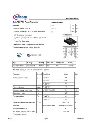 BSZ180P03NS3-G datasheet cover page