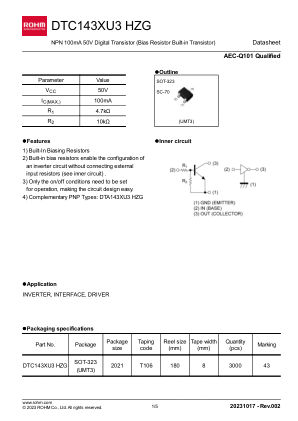 DTC143XU3HZG datasheet cover page
