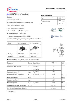 IPP110N20NA datasheet cover page