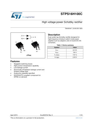 STPS16H100C datasheet cover page