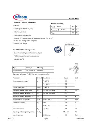 IPA90R1K0C3 数据手册首页