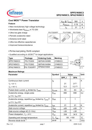 SPI21N50C3 datasheet cover page