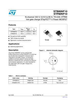 STP80NF10 数据手册首页