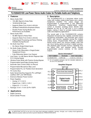 TLV320AIC3105 datasheet cover page