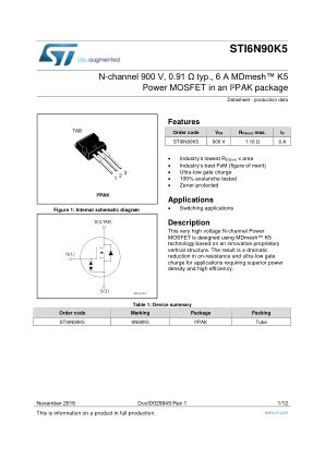 STI6N90K5 datasheet cover page