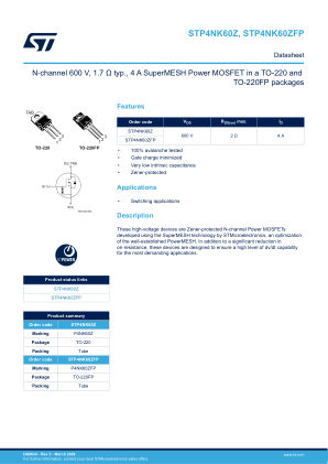 STP4NK60Z 数据手册首页