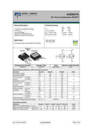AOD607A datasheet cover page