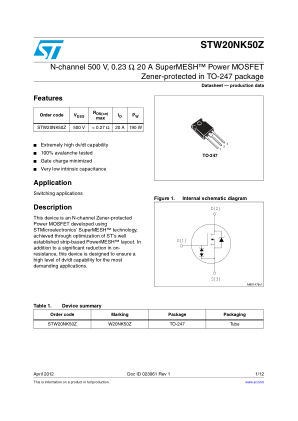 STW20NK50Z datasheet cover page