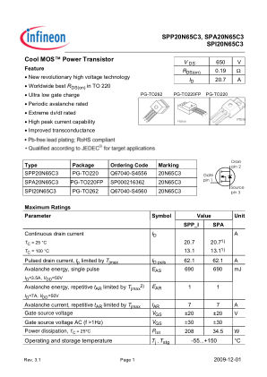 SPP20N65C3 datasheet cover page