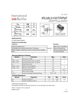 IRLML0100 数据手册首页