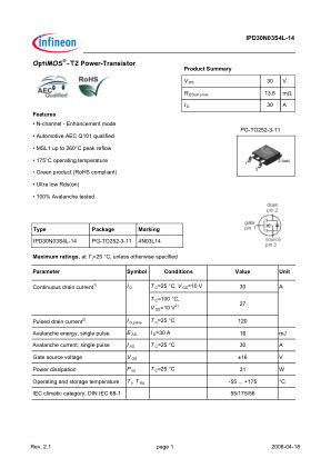 IPD30N03S4L-14 datasheet cover page