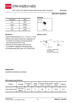 DTA143ZE3HZGTL datasheet cover page
