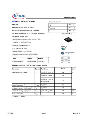 BSZ105N04NS-G 数据手册首页