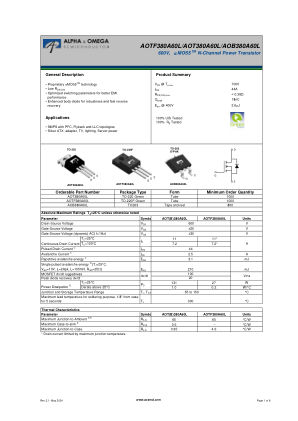 AOTF380A60L datasheet cover page