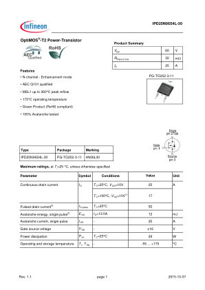 IPD25N06S4L-30 datasheet cover page
