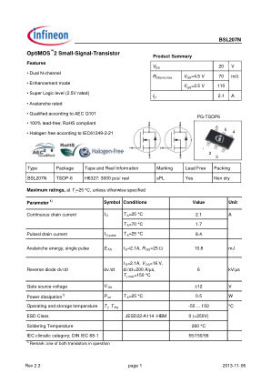 BSL207N 数据手册首页