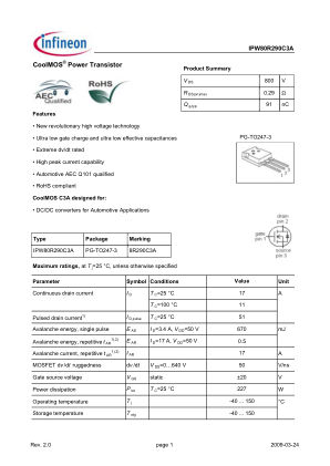 IPW80R290C3A 数据手册首页