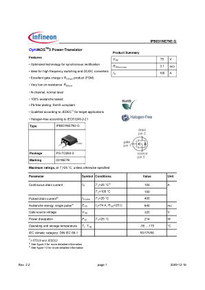 IPB031NE7N3-G 数据手册首页
